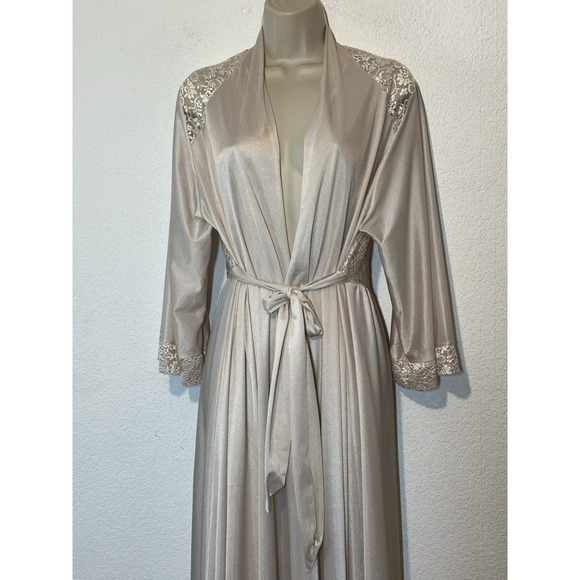 VTG 90s Olga Robe Womens XL Pale Pink Belted Nylon Long Maxi Lace Back - Picture 5 of 10